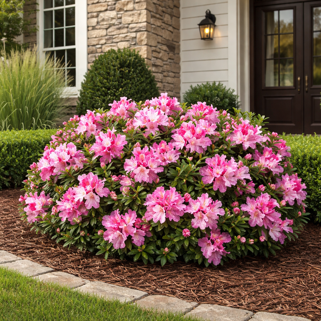 Green shrub with pink blooms on mulch in front of house