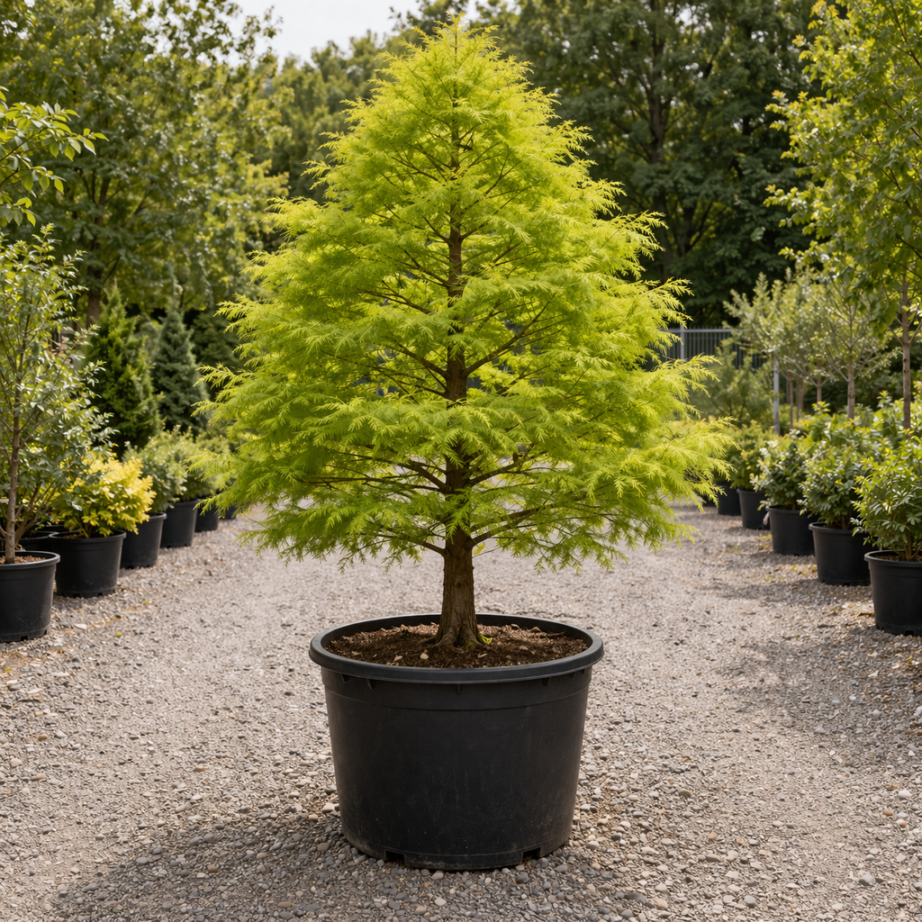 Potted tree with green foliage in a garden setting