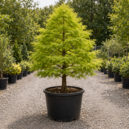 Potted tree with green foliage in a garden setting
