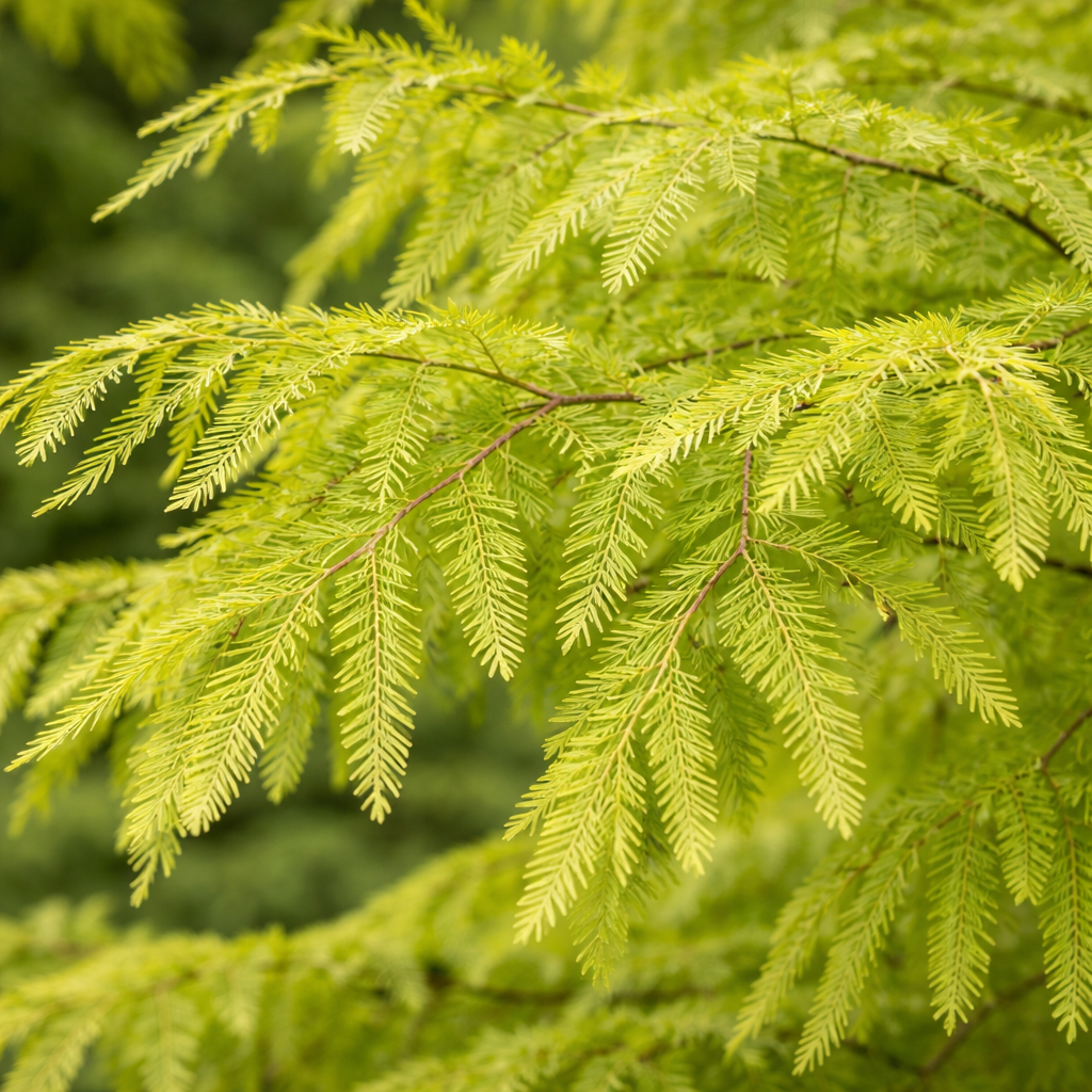 Close-up of green tree branches with a blurred green background