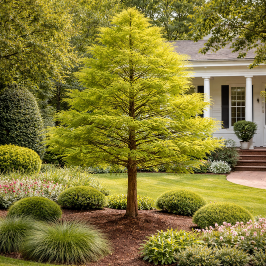 Lush garden with a yellow-leaved tree in front of a white house.