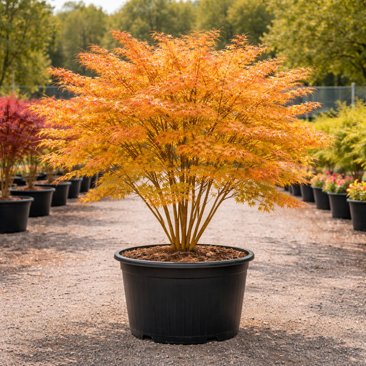 Potted tree with orange leaves in a nursery setting