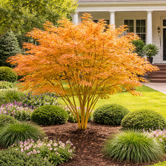Autumn-colored tree in a well-maintained garden with a house in the background