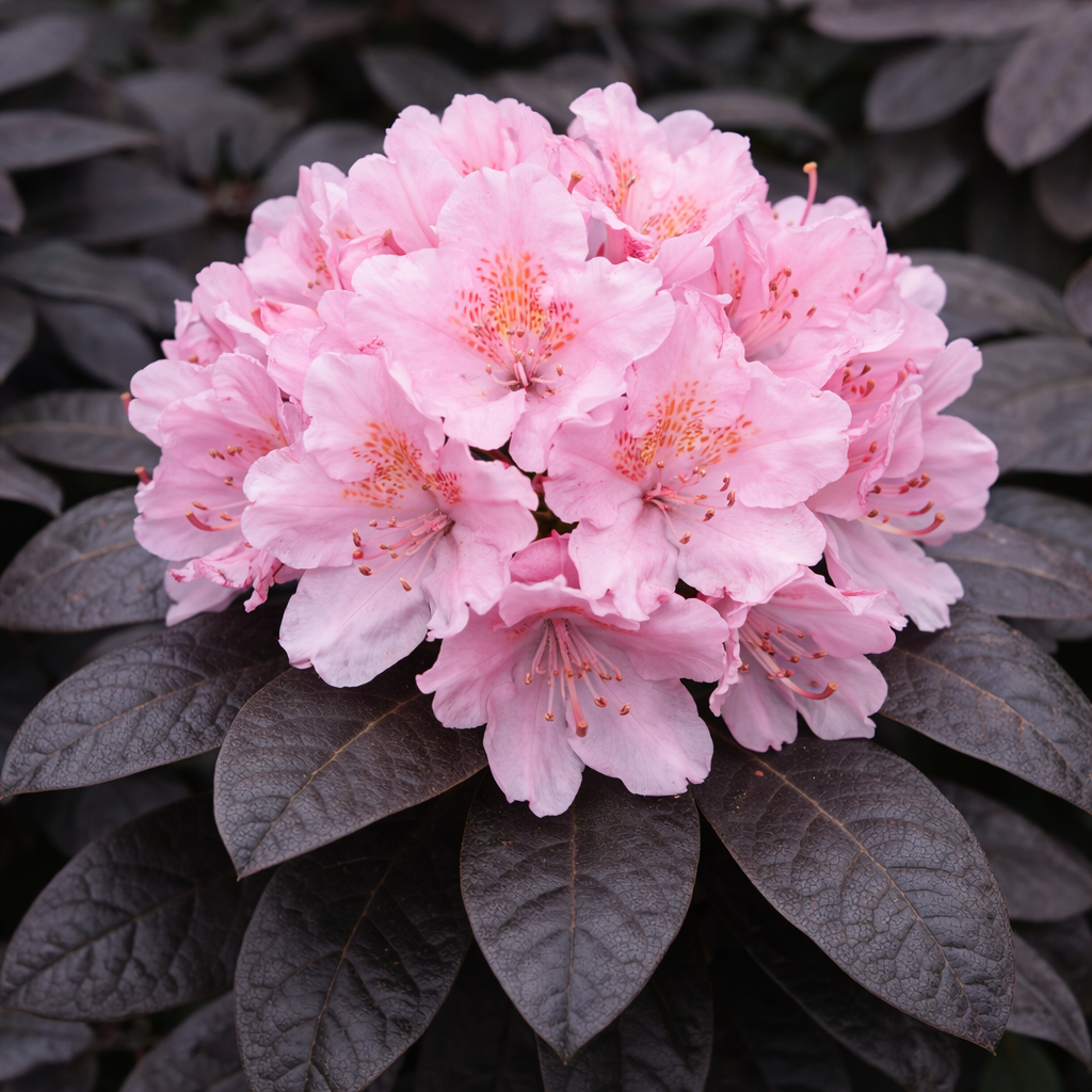 Pink flowers with dark green leaves on a matching background