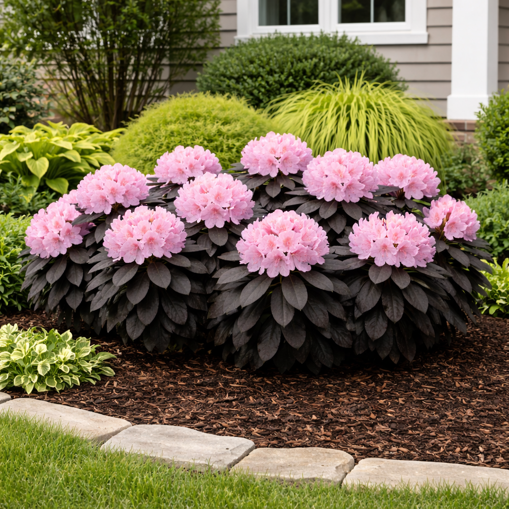 Pink flowering shrubs in a garden setting with greenery and a house in the background