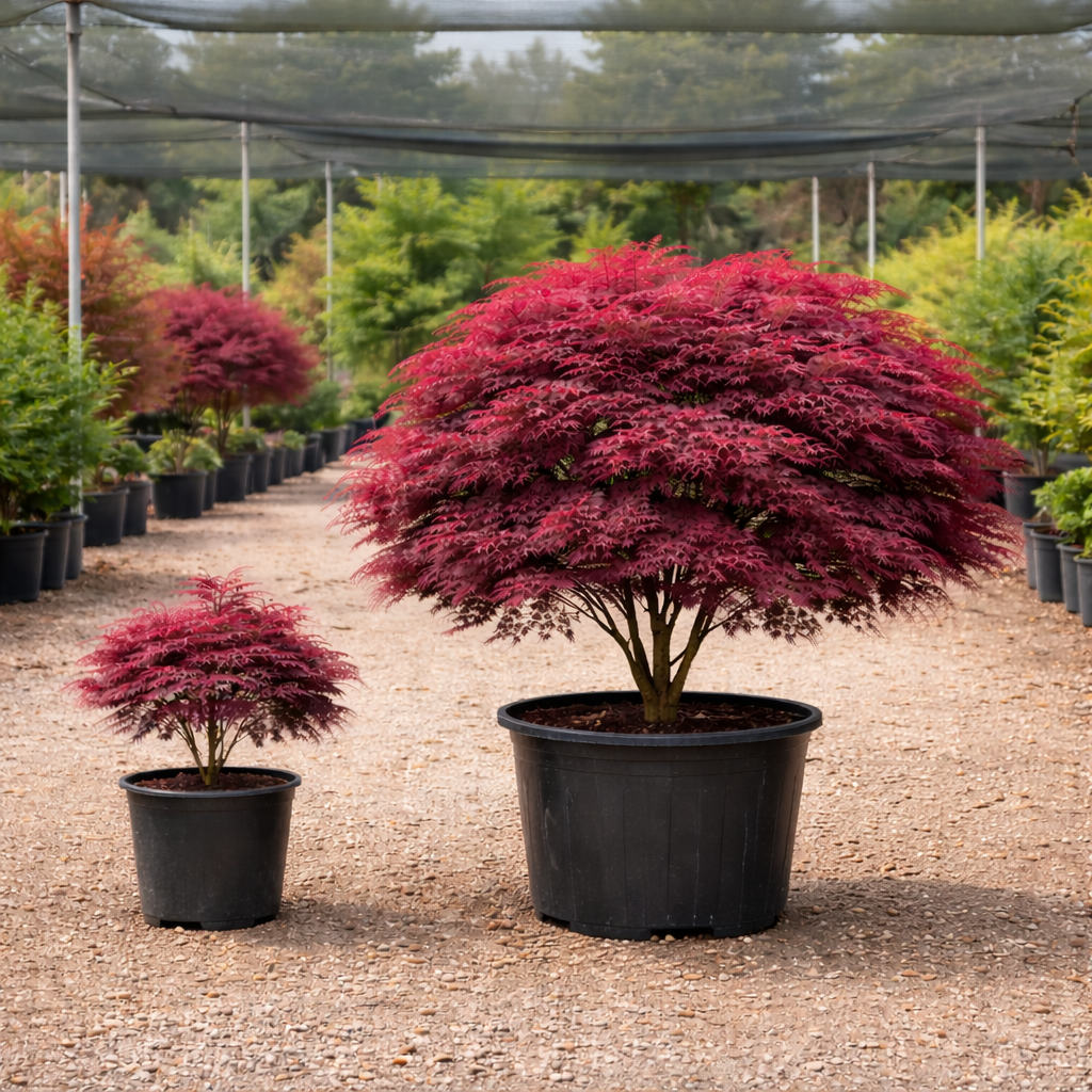 Potted trees with red foliage in a nursery setting