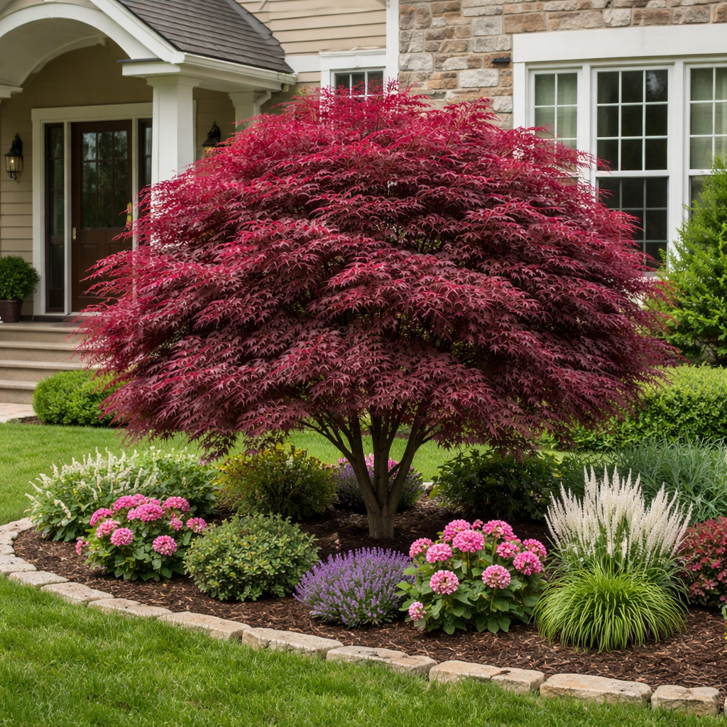 Lush garden with a red-leaved tree and colorful flowers in front of a house.