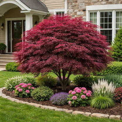 Lush garden with a red-leaved tree and colorful flowers in front of a house.