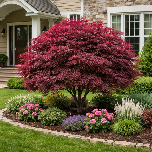 Lush garden with a red-leaved tree and colorful flowers in front of a house.
