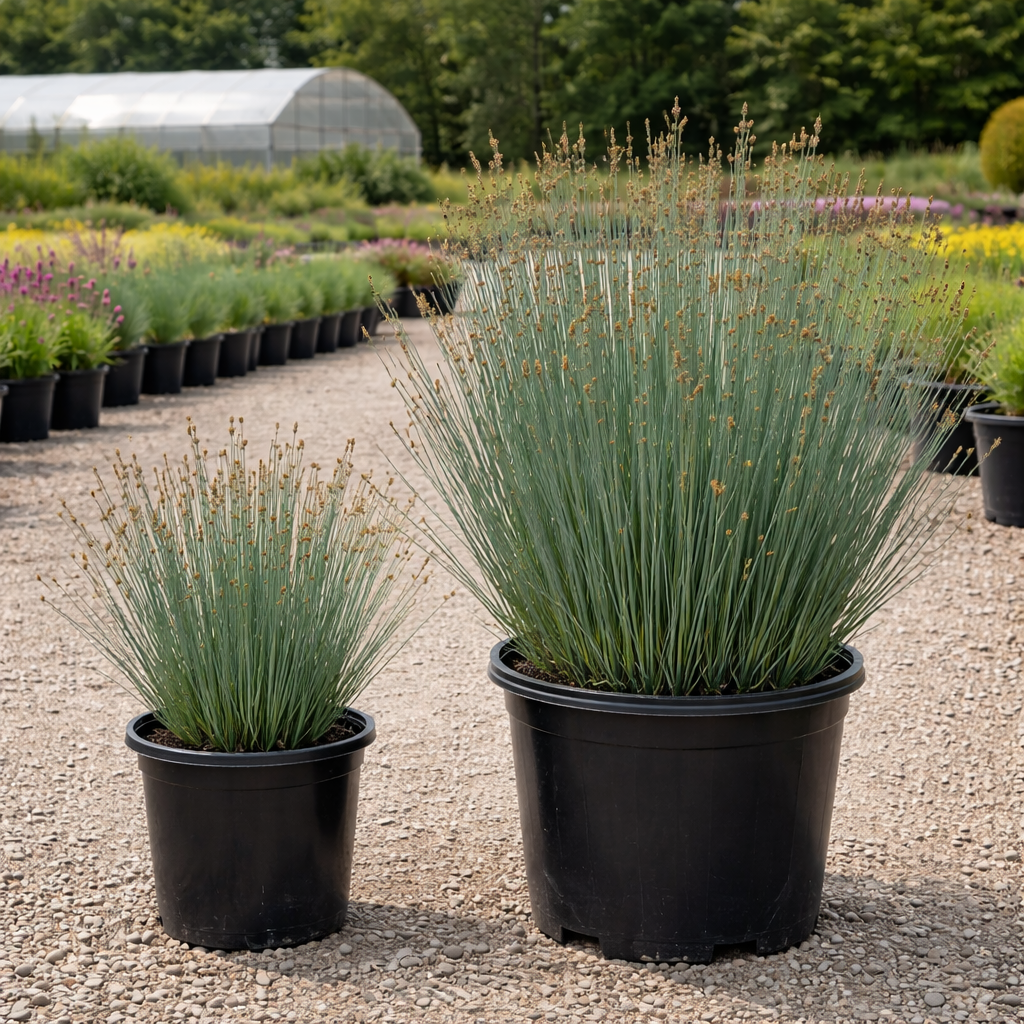 Two potted plants in a garden setting with a greenhouse in the background.