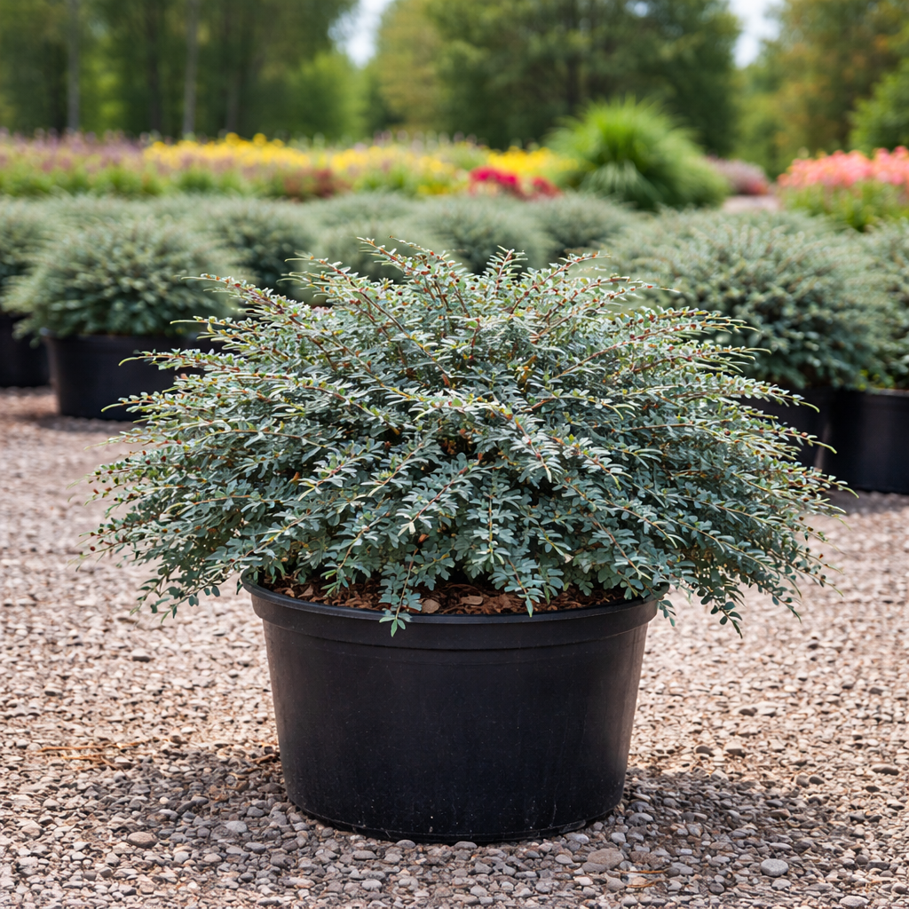 Potted shrub in a garden setting with blurred background