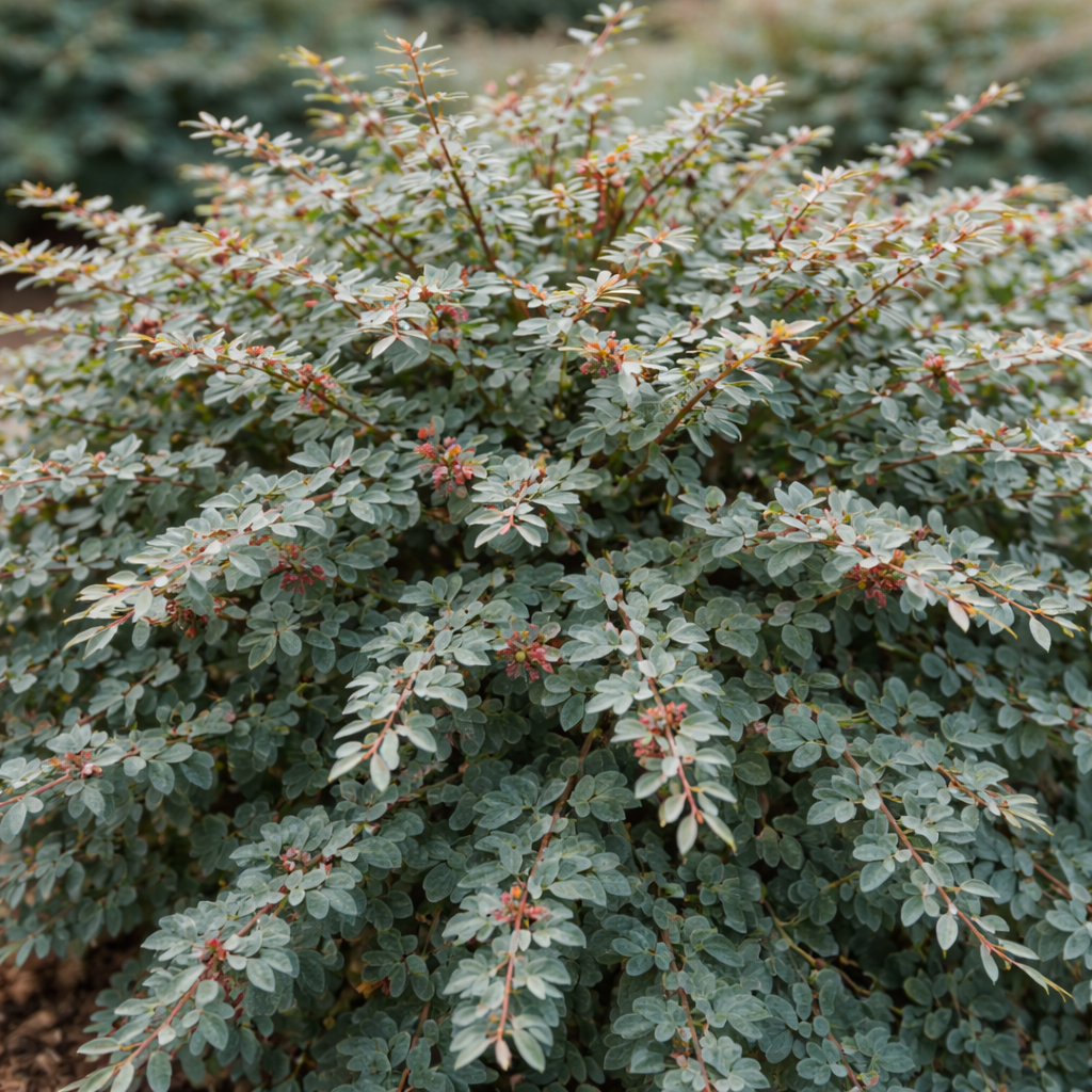Close-up of a bush with green leaves and small red buds