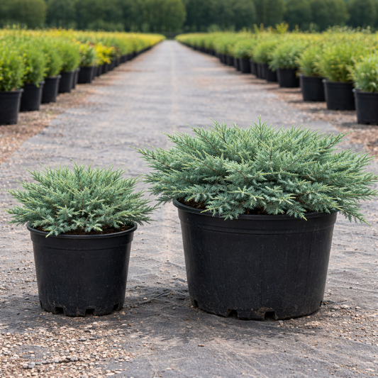 Two potted plants on a gravel path with rows of plants in the background.