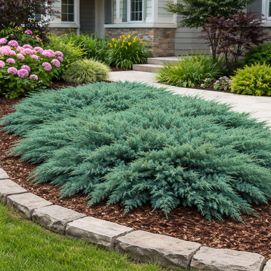 Lush green shrub in a garden bed with a stone border and flowers in the background.
