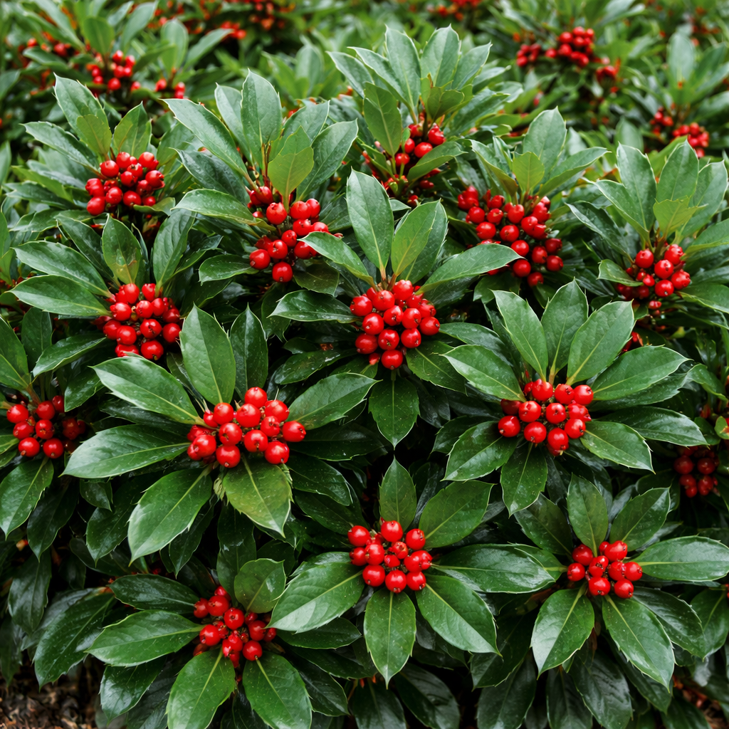 Green leaves with red berries in a close-up shot