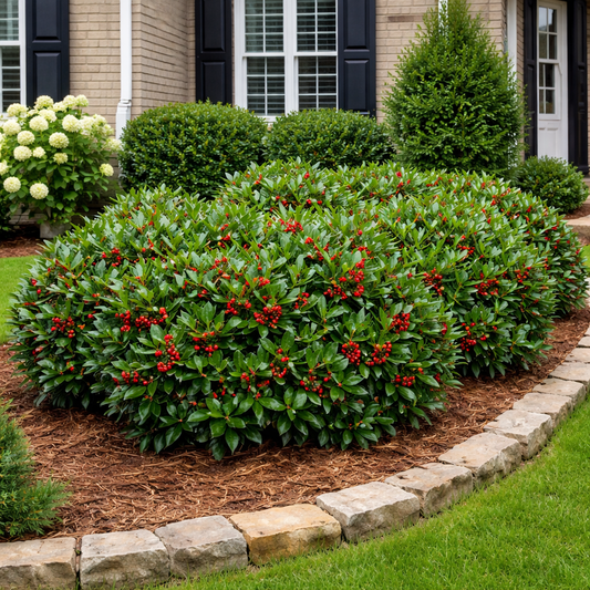 Green bush with red berries in a garden bed with a house in the background