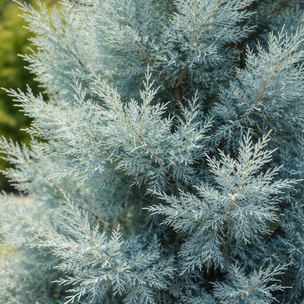 Close-up of a blue-green shrub with a blurred green background