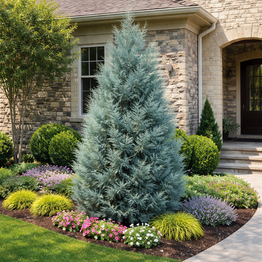 Lush garden with a large blue-green evergreen tree in front of a stone house.