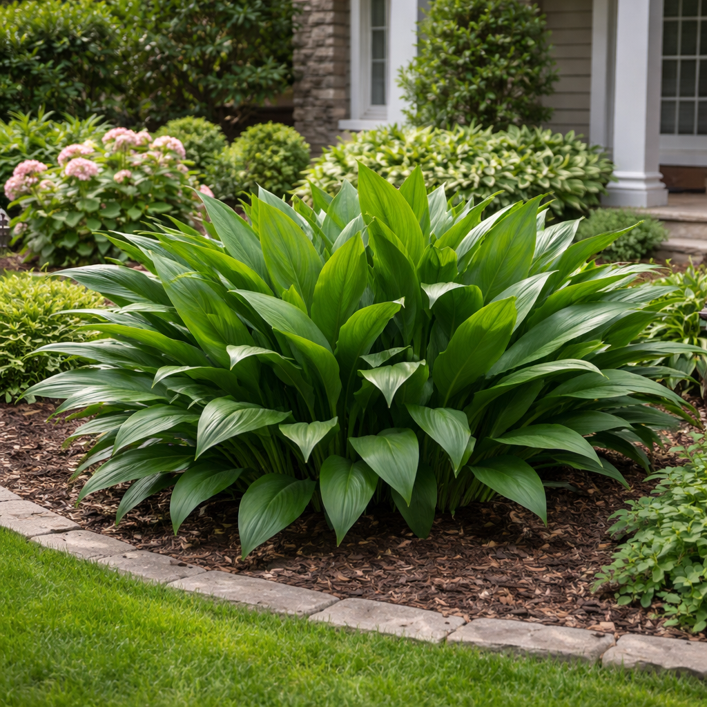 Large green leafy plant in a garden setting with a house in the background