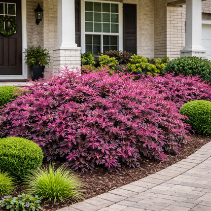 Pink flowering shrub in front of a house with a brick pathway