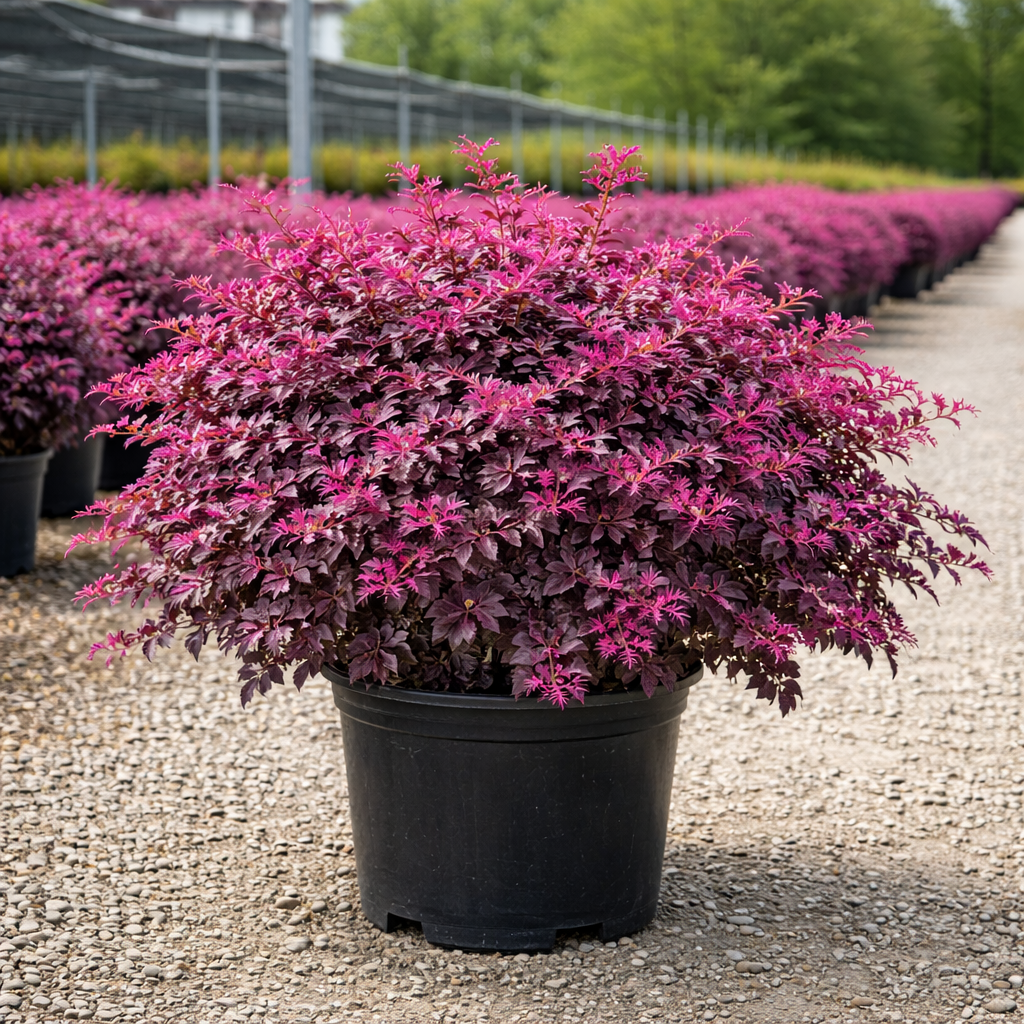Row of potted plants with vibrant pink foliage in a greenhouse setting