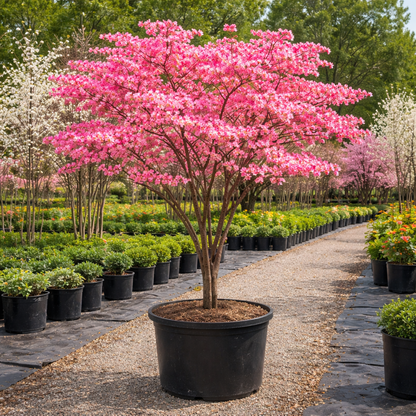 Potted pink flowering tree in a garden setting with other plants and trees.