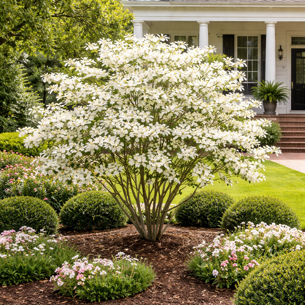 White flowering tree in a garden with a house in the background