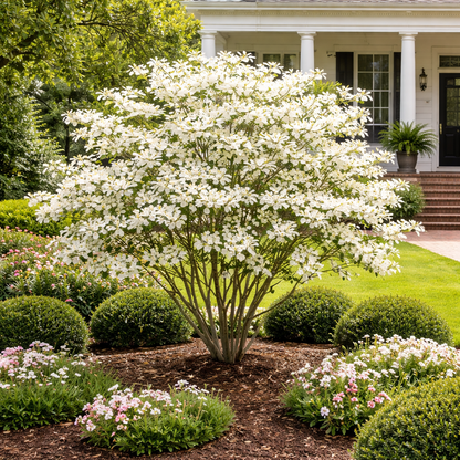 White flowering tree in a garden with a house in the background