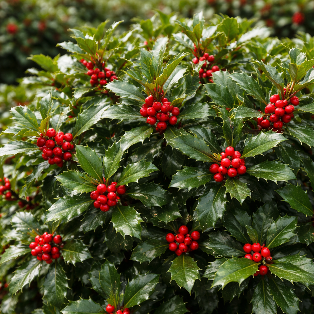 Holly leaves with red berries on a green bush