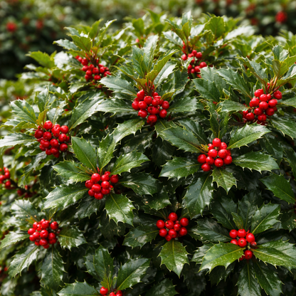 Holly leaves with red berries on a green bush