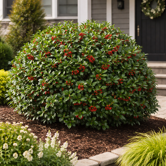 Green bush with red berries in a garden setting