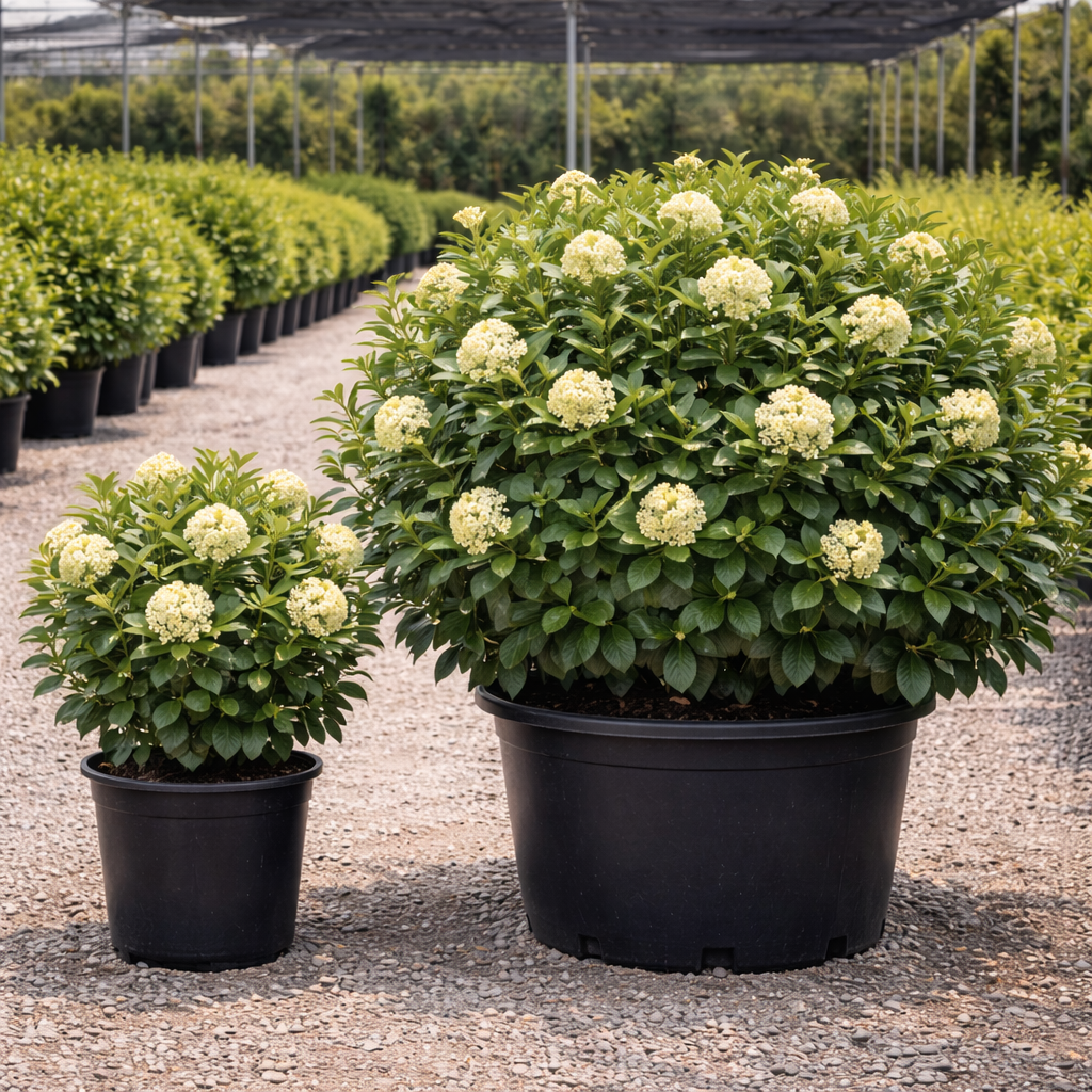 Two potted plants with green flowers in a greenhouse setting