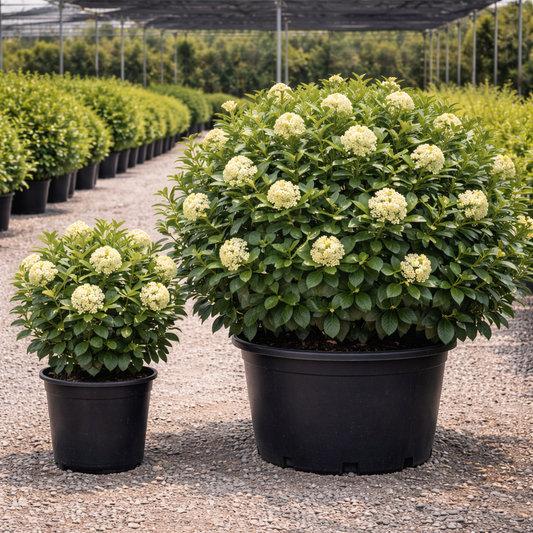 Two potted plants with green flowers in a greenhouse setting