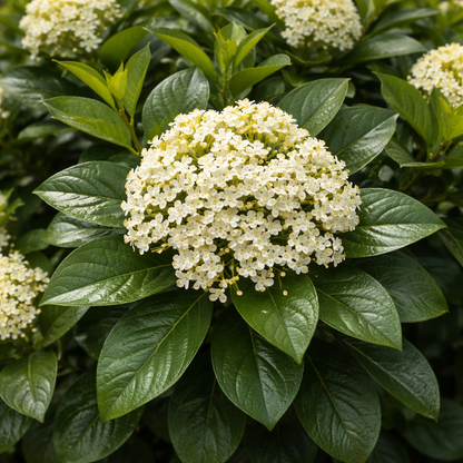 Close-up of a cluster of white flowers surrounded by green leaves