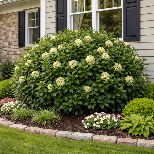 Large green bush with white flowers in front of a house with black shutters.