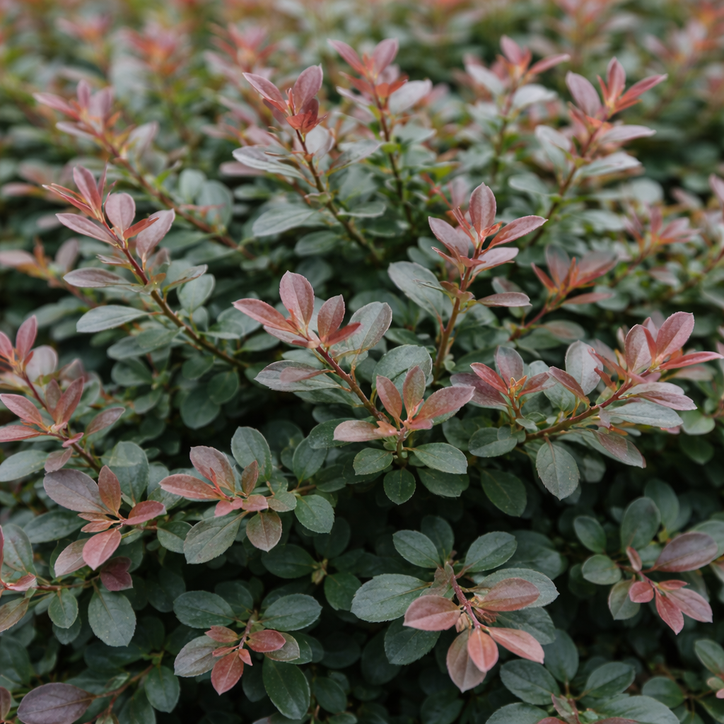 Close-up of a bush with green and pink leaves