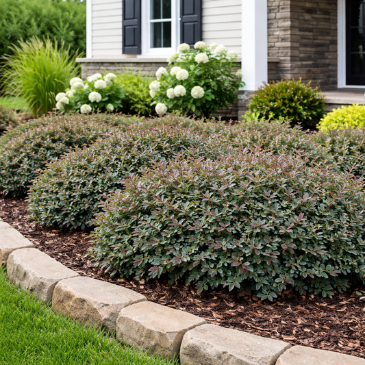 Lush green shrubs in a garden with a stone border and a house in the background.
