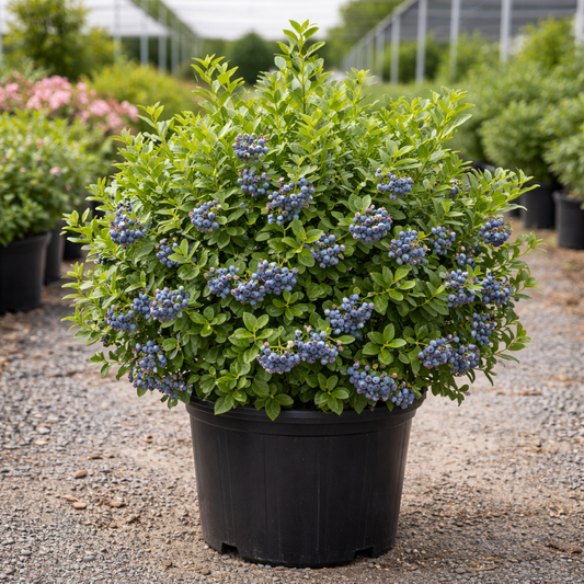 Potted plant with blue berries in a garden setting