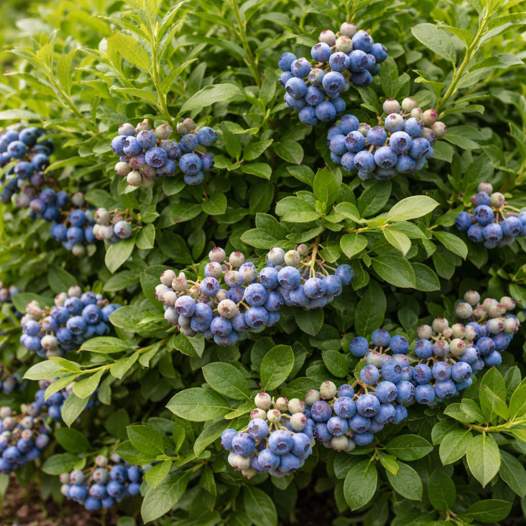 Cluster of blue berries on a green bush