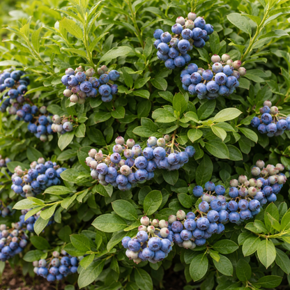 Cluster of blue berries on a green bush