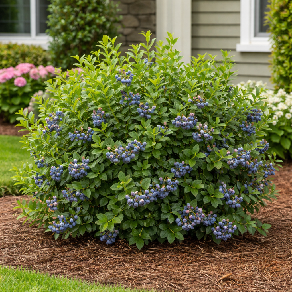 Bush with blue berries in a garden setting