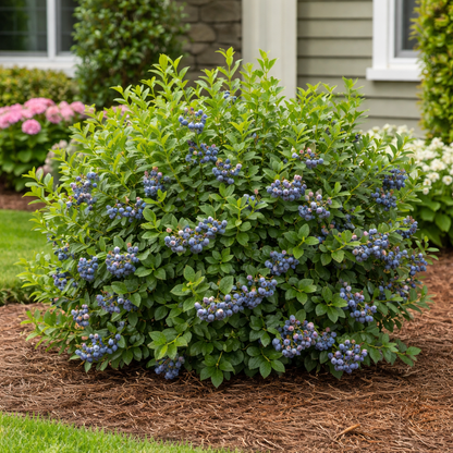 Bush with blue berries in a garden setting
