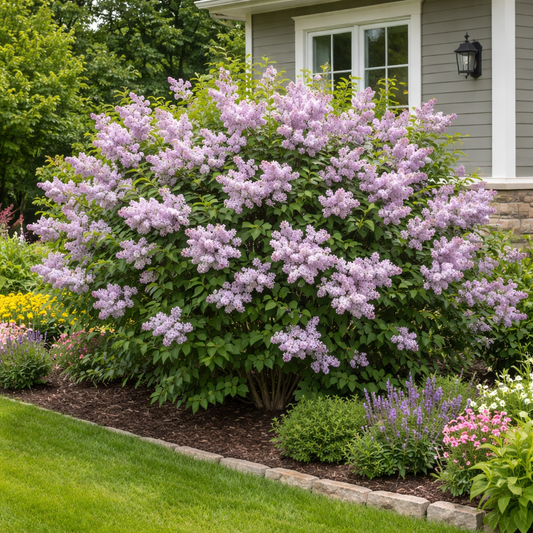 Blossoming purple bush in a garden with a house in the background