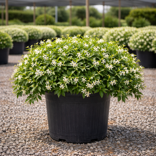 Potted plant with white flowers and green leaves in a garden setting