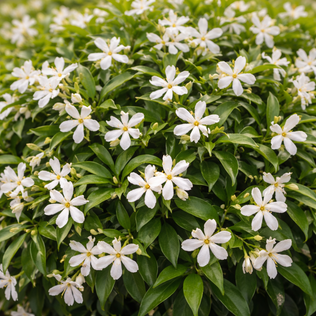 Close-up of a bush with white flowers and green leaves