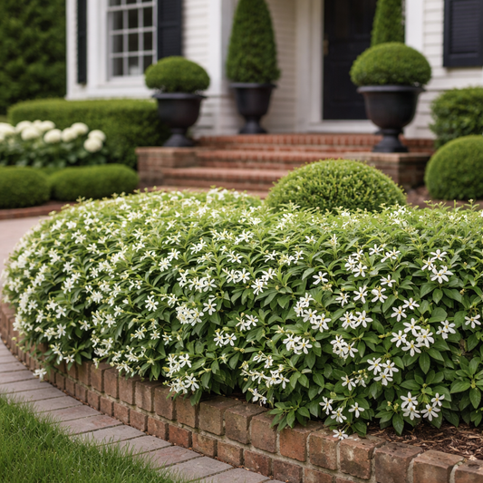 Floral bush with white flowers in front of a house with greenery and steps.