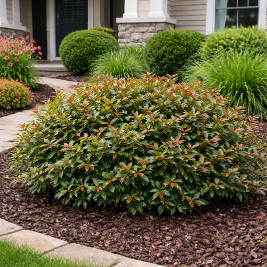 Green shrub in a garden bed with a house in the background