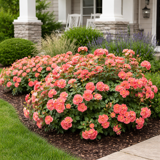 Bush of pink flowers in a garden with a house in the background