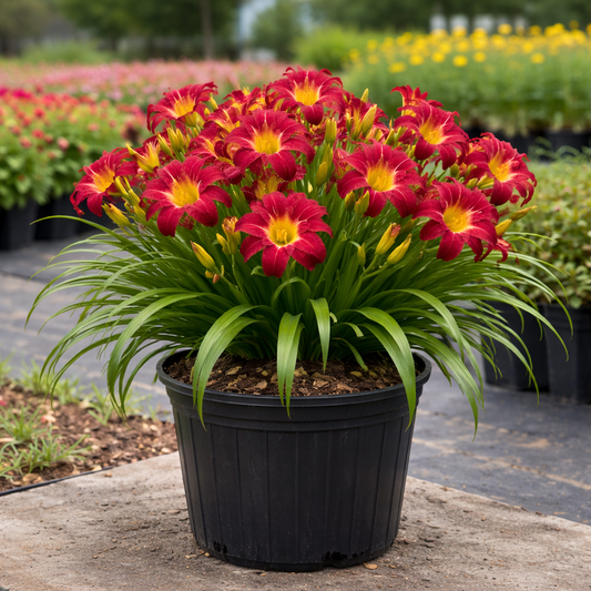 Potted plant with red and yellow flowers in a garden setting
