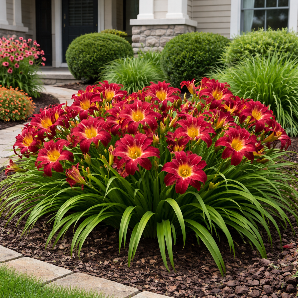 Bouquet of red and yellow flowers in a garden bed with a house in the background